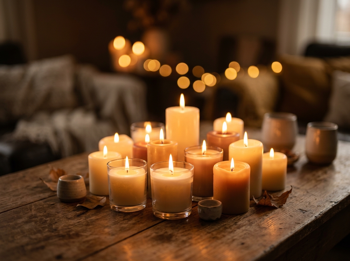 Várias velas acesas sobre uma mesa de madeira em uma sala aconchegante