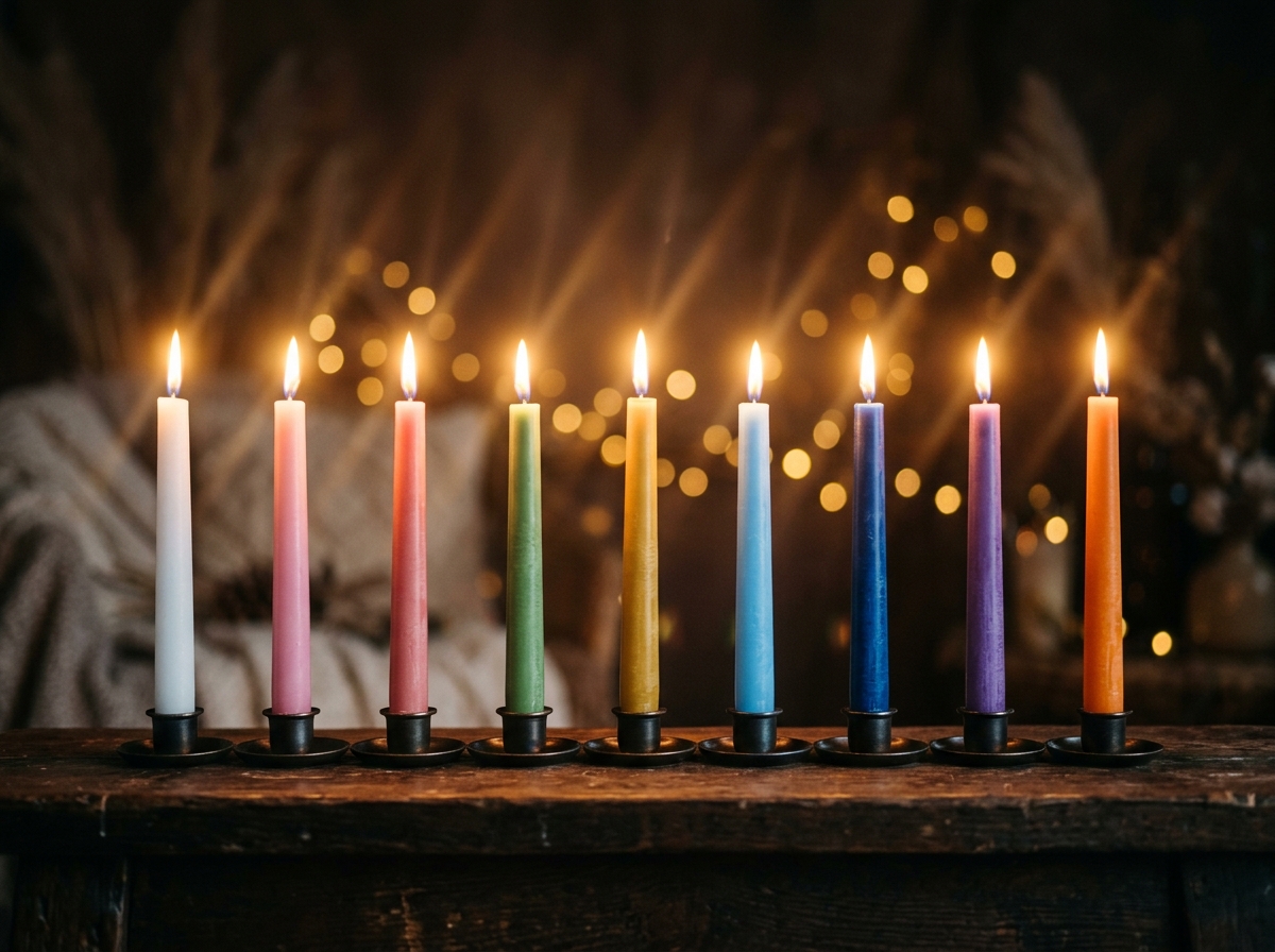 Nove velas coloridas acesas lado a lado sobre uma mesa de madeira